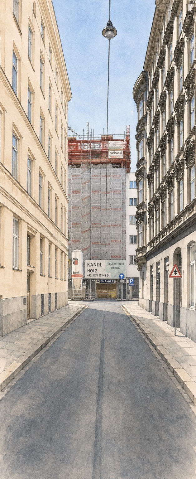 Construction-covered building at the end of the street