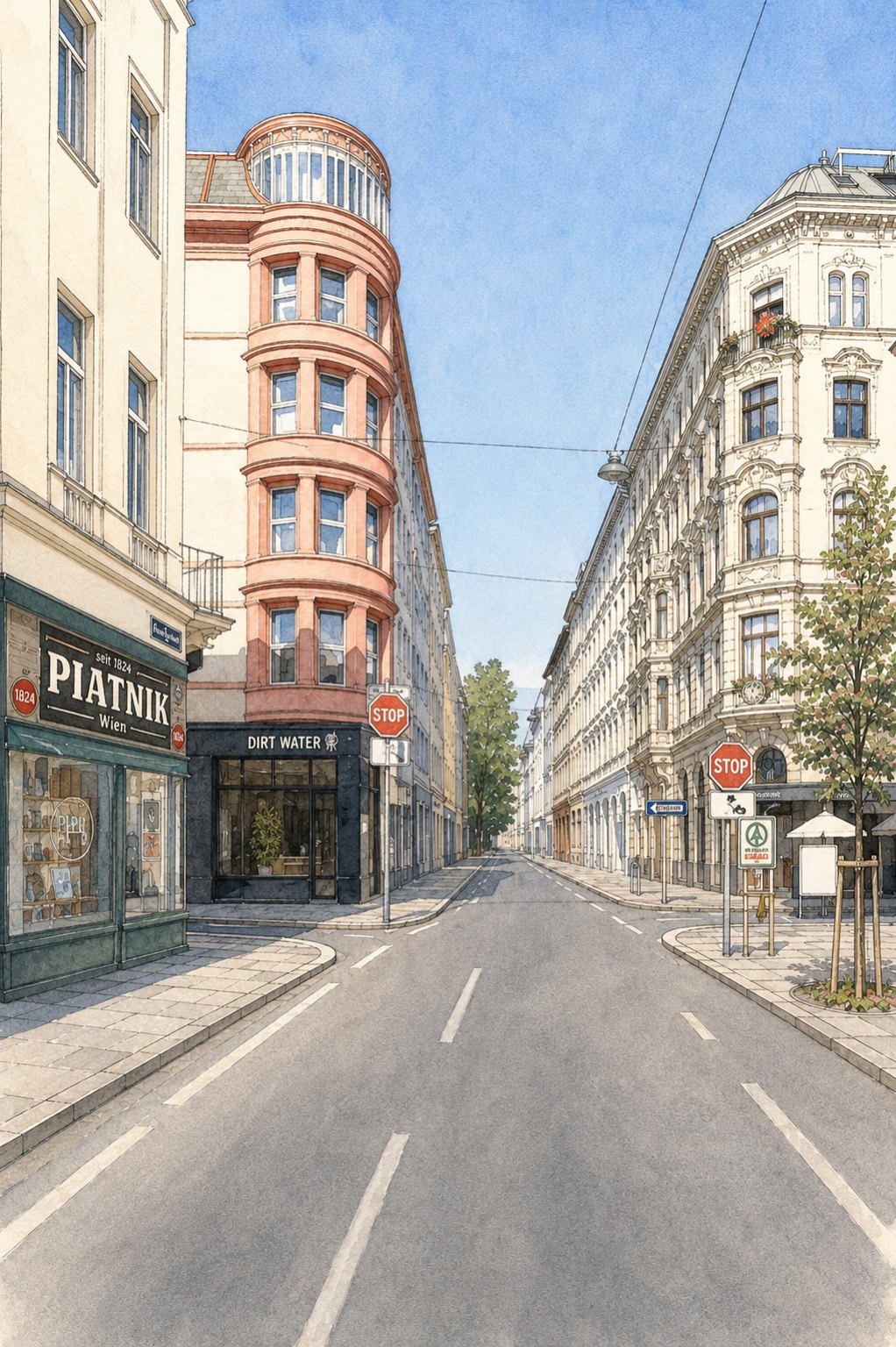 Piatnik shop and distinctive red rounded building
